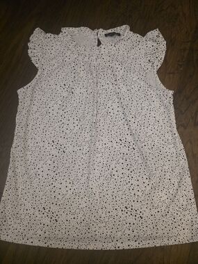 Adrianna Papell White Polka Dot Ruffle Neck Sleeveless Top